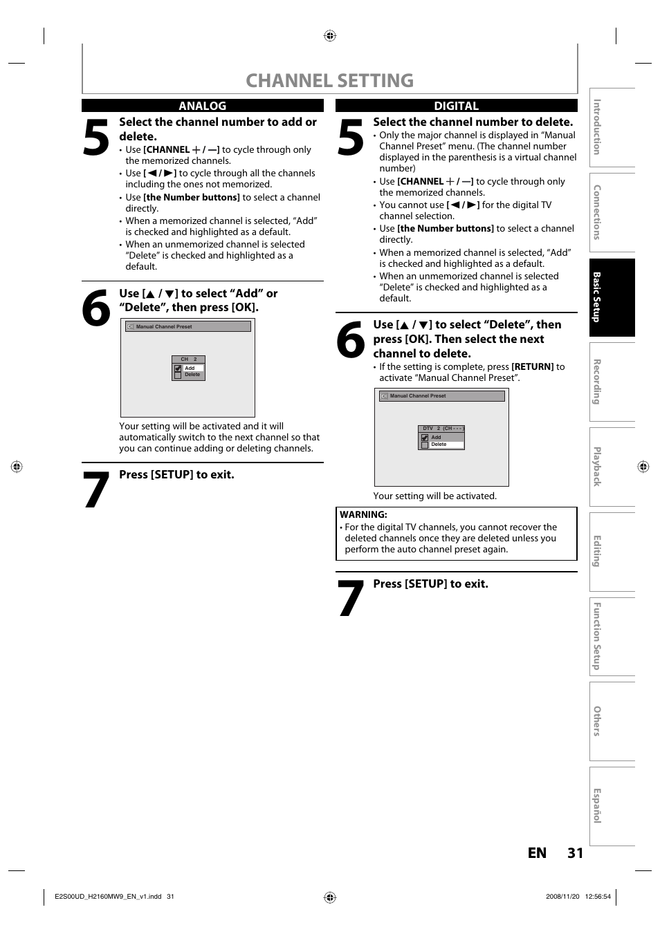 Channel setting | Philips Magnavox H2160MW9 A User Manual | Page 33 / 256