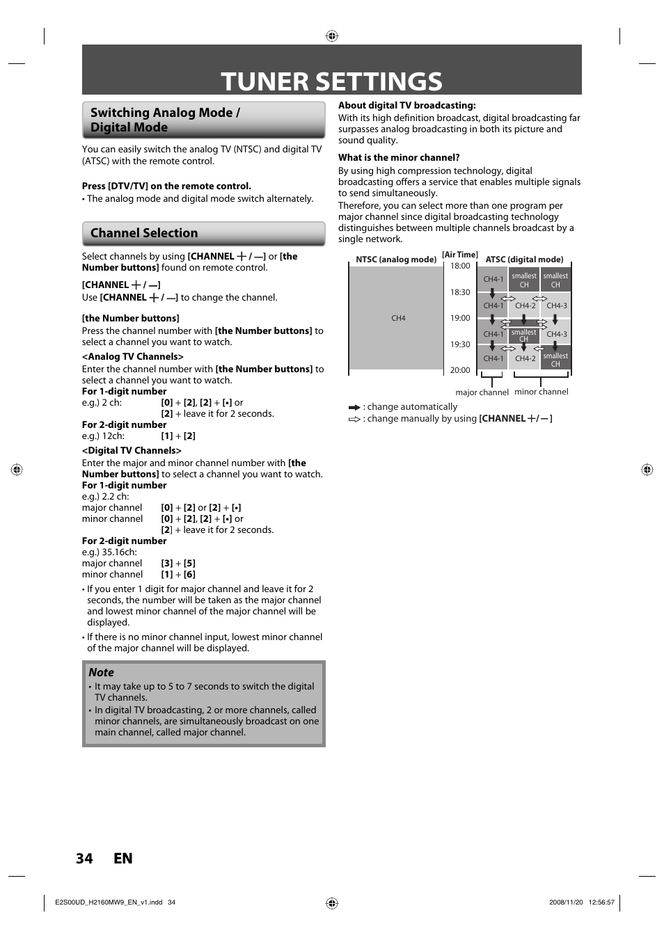 Tuner settings, 34 en 34 en, Switching analog mode / digital mode | Channel selection | Philips Magnavox H2160MW9 A User Manual | Page 36 / 256