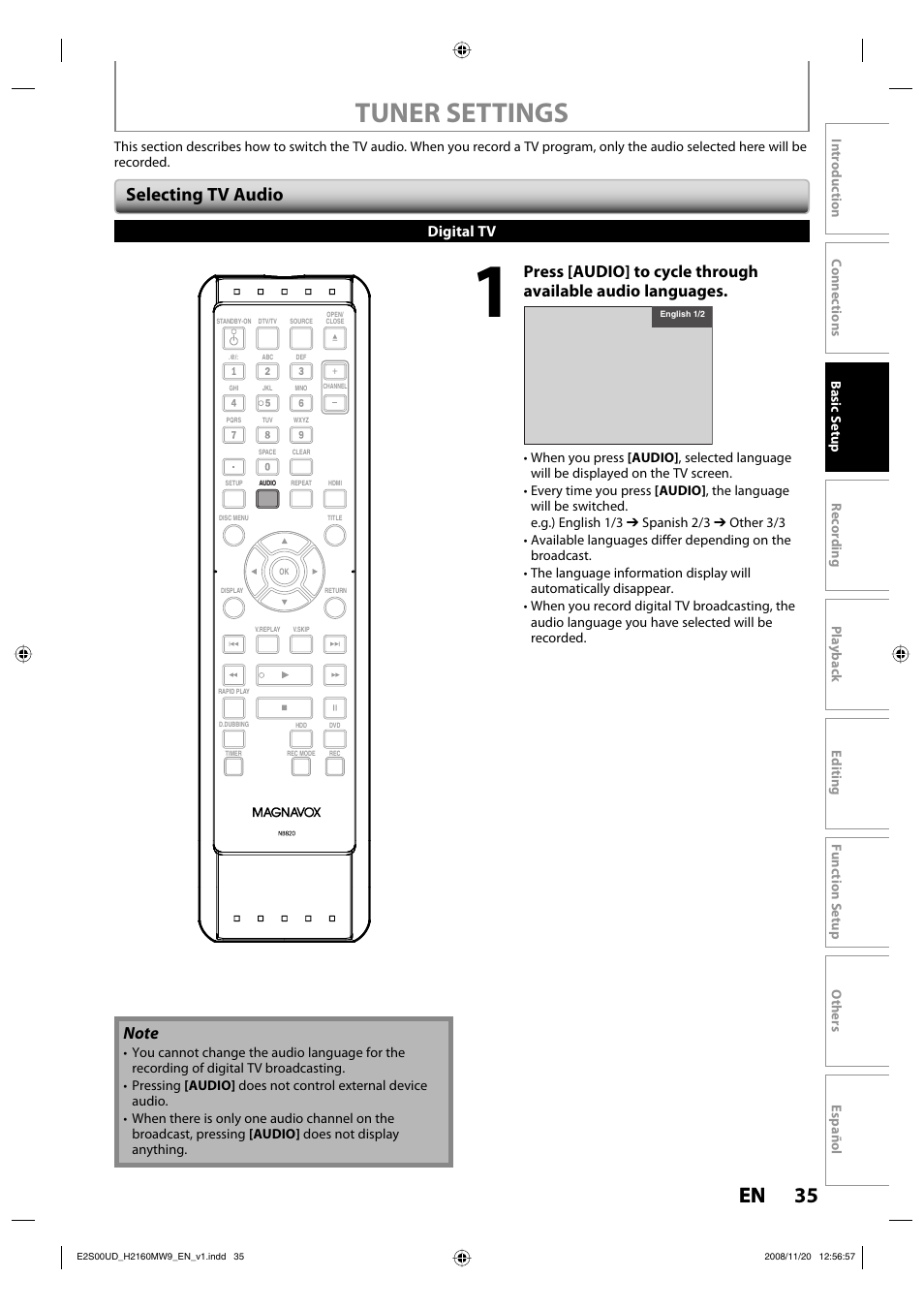 Tuner settings, 35 en 35 en, Selecting tv audio | Digital tv | Philips Magnavox H2160MW9 A User Manual | Page 37 / 256