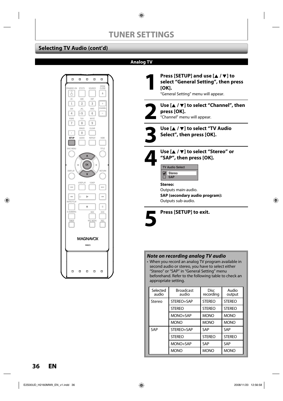 Tuner settings, 36 en 36 en, Selecting tv audio (cont’d) | Philips Magnavox H2160MW9 A User Manual | Page 38 / 256