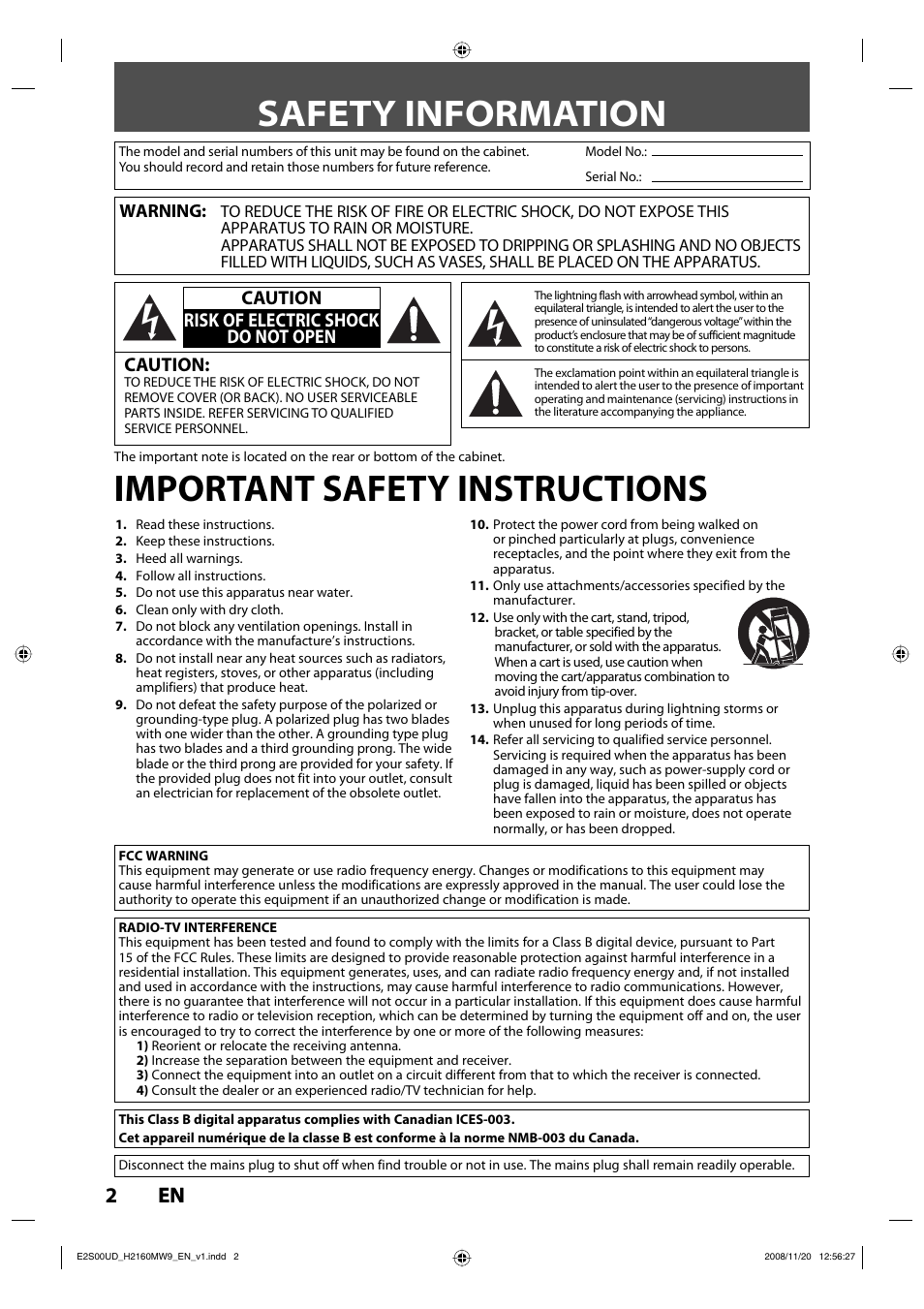 Safety information, Important safety instructions, 2en 2 en | Caution, Caution risk of electric shock do not open | Philips Magnavox H2160MW9 A User Manual | Page 4 / 256