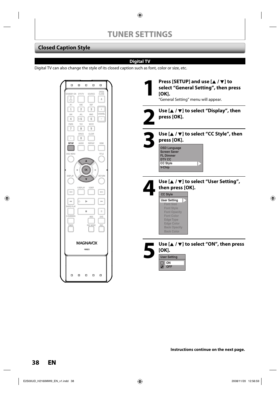 Tuner settings, 38 en 38 en, Closed caption style | Philips Magnavox H2160MW9 A User Manual | Page 40 / 256