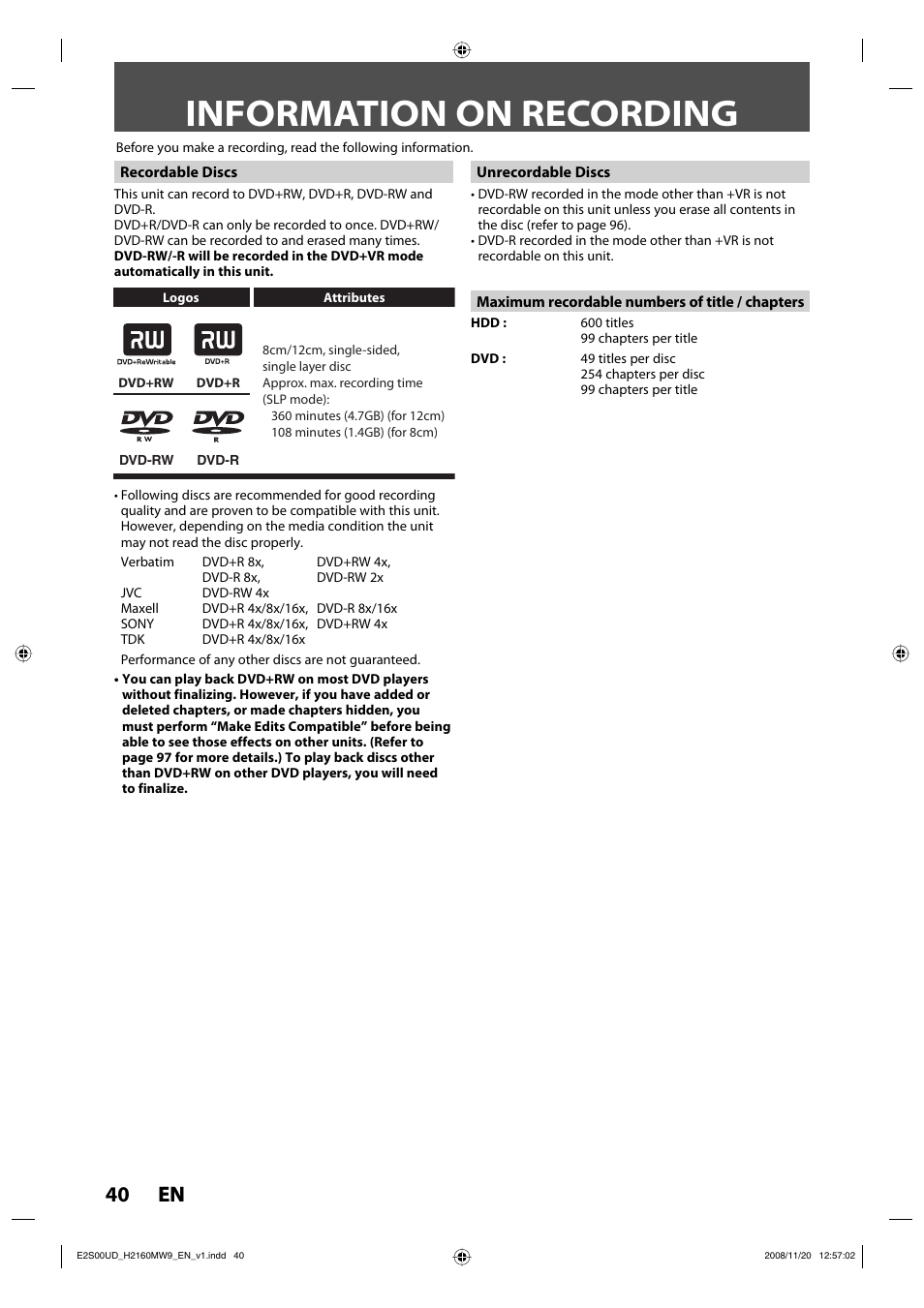 Information on recording, 40 en 40 en | Philips Magnavox H2160MW9 A User Manual | Page 42 / 256