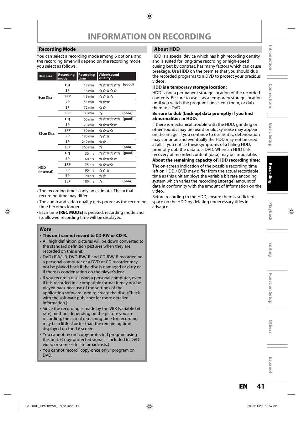 Information on recording, 41 en 41 en | Philips Magnavox H2160MW9 A User Manual | Page 43 / 256