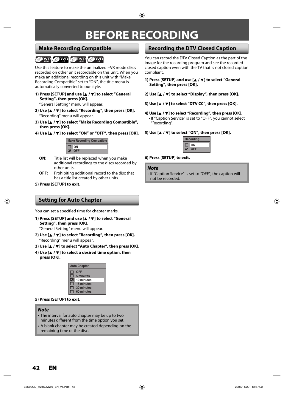 Before recording, 42 en 42 en, Make recording compatible setting for auto chapter | Recording the dtv closed caption | Philips Magnavox H2160MW9 A User Manual | Page 44 / 256