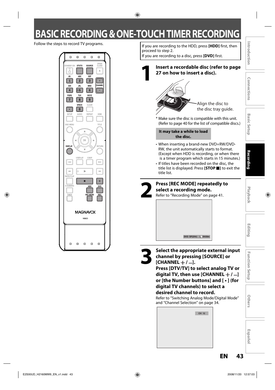 Basic recording & one-touch timer recording, 43 en 43 en, Align the disc to the disc tray guide | Philips Magnavox H2160MW9 A User Manual | Page 45 / 256