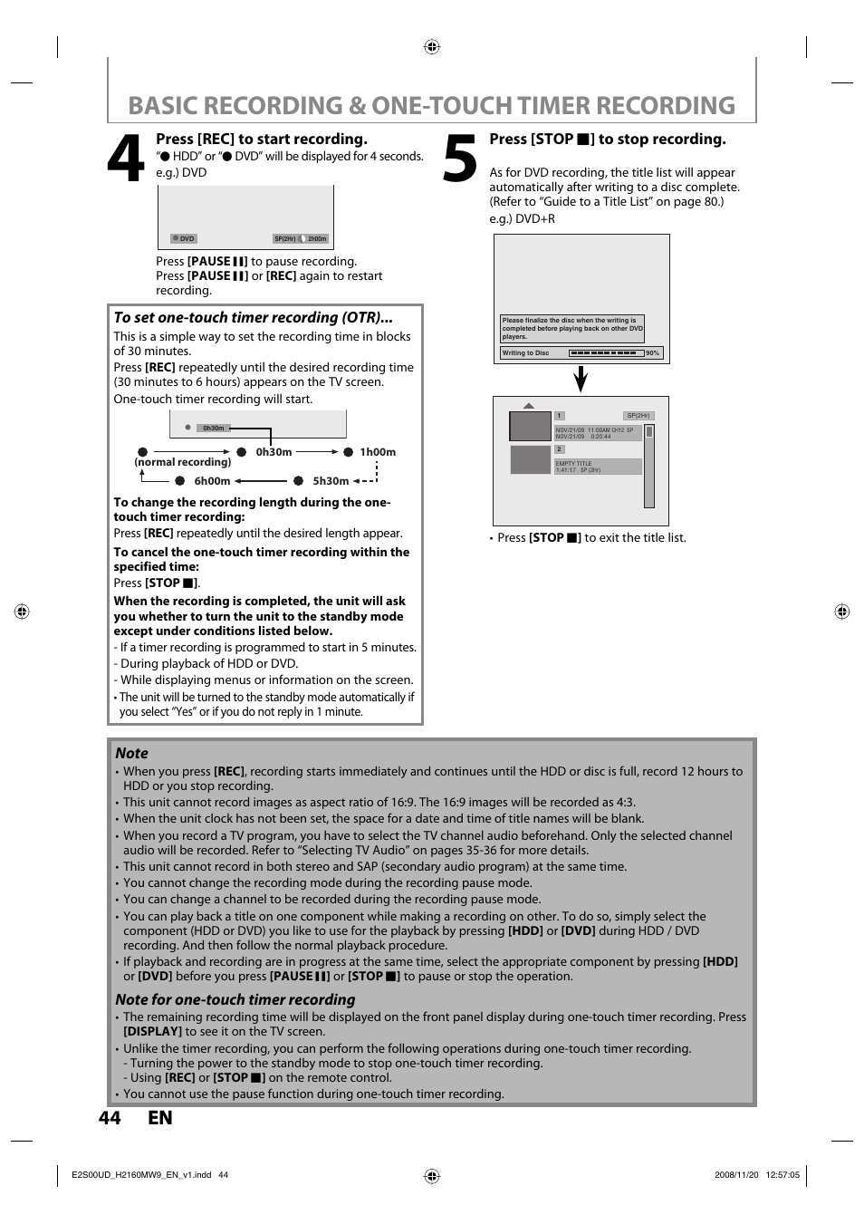 Basic recording & one-touch timer recording, 44 en 44 en | Philips Magnavox H2160MW9 A User Manual | Page 46 / 256