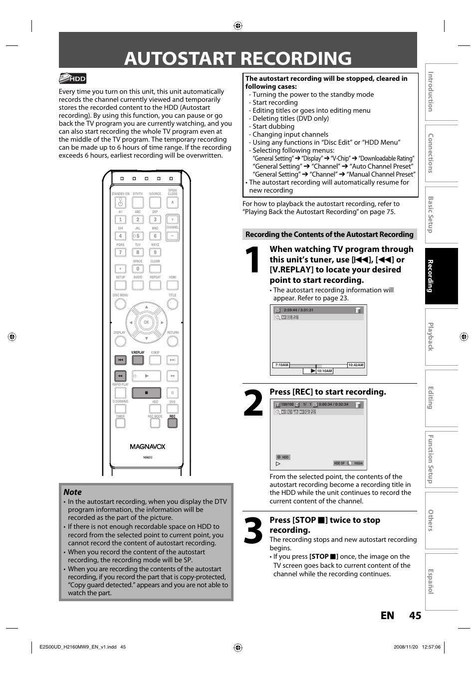 Autostart recording, 45 en 45 en, Press [rec] to start recording | Press [stop c ] twice to stop recording | Philips Magnavox H2160MW9 A User Manual | Page 47 / 256