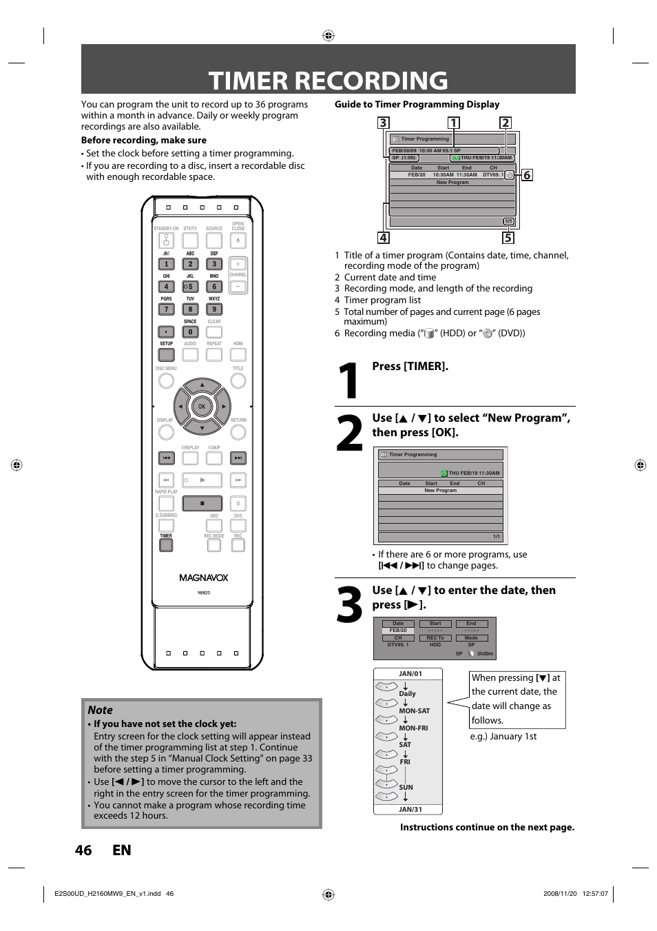 Timer recording, 46 en 46 en, Press [timer | Use [ k / l ] to enter the date, then press [ b | Philips Magnavox H2160MW9 A User Manual | Page 48 / 256