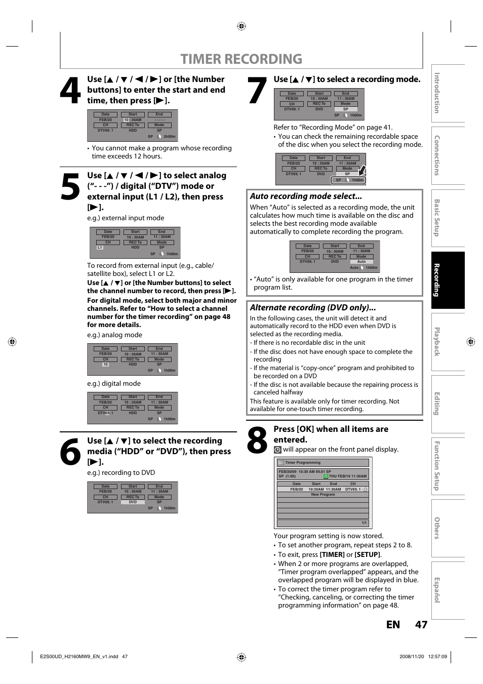 Timer recording, 47 en 47 en, Use [ k / l ] to select a recording mode | Auto recording mode select, Alternate recording (dvd only), Press [ok] when all items are entered | Philips Magnavox H2160MW9 A User Manual | Page 49 / 256