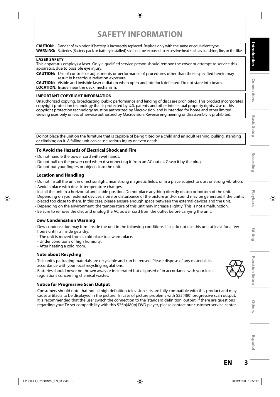 Safety information, 3en 3 en | Philips Magnavox H2160MW9 A User Manual | Page 5 / 256