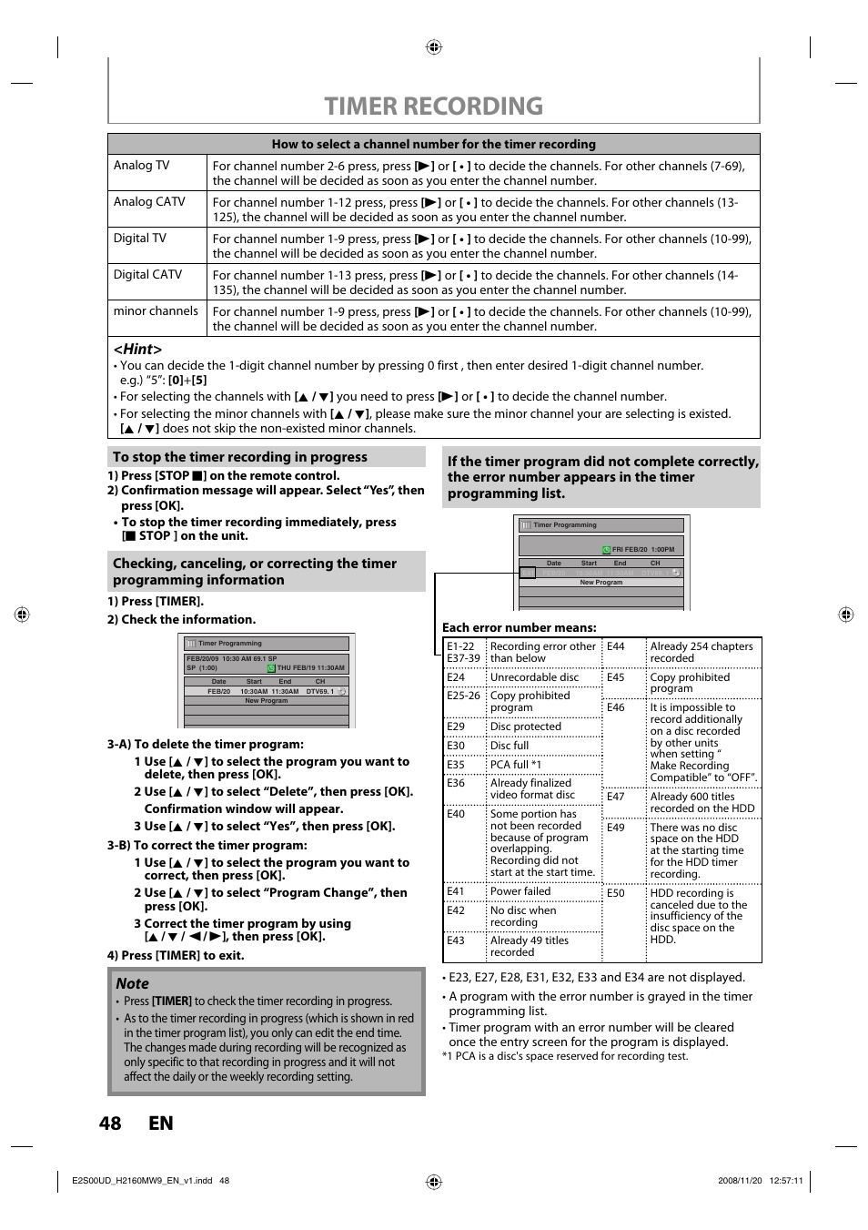 Timer recording, 48 en 48 en, Hint | Philips Magnavox H2160MW9 A User Manual | Page 50 / 256