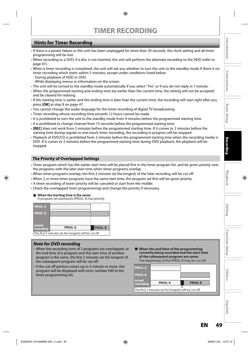 Timer recording, 49 en 49 en, Hints for timer recording | Philips Magnavox H2160MW9 A User Manual | Page 51 / 256