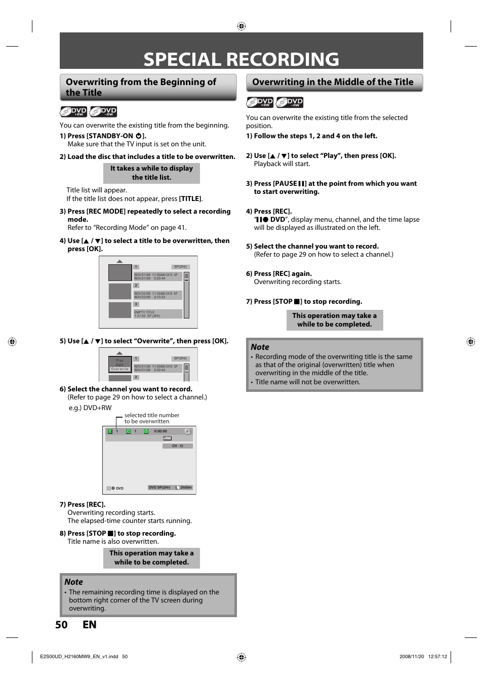 Special recording, 50 en 50 en, Overwriting from the beginning of the title | Overwriting in the middle of the title | Philips Magnavox H2160MW9 A User Manual | Page 52 / 256