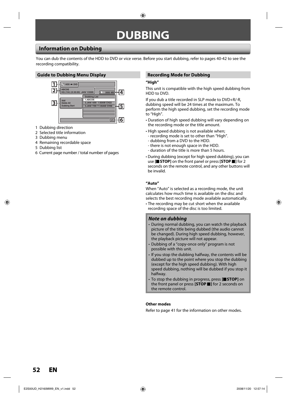 Dubbing, 52 en 52 en, Information on dubbing | Philips Magnavox H2160MW9 A User Manual | Page 54 / 256