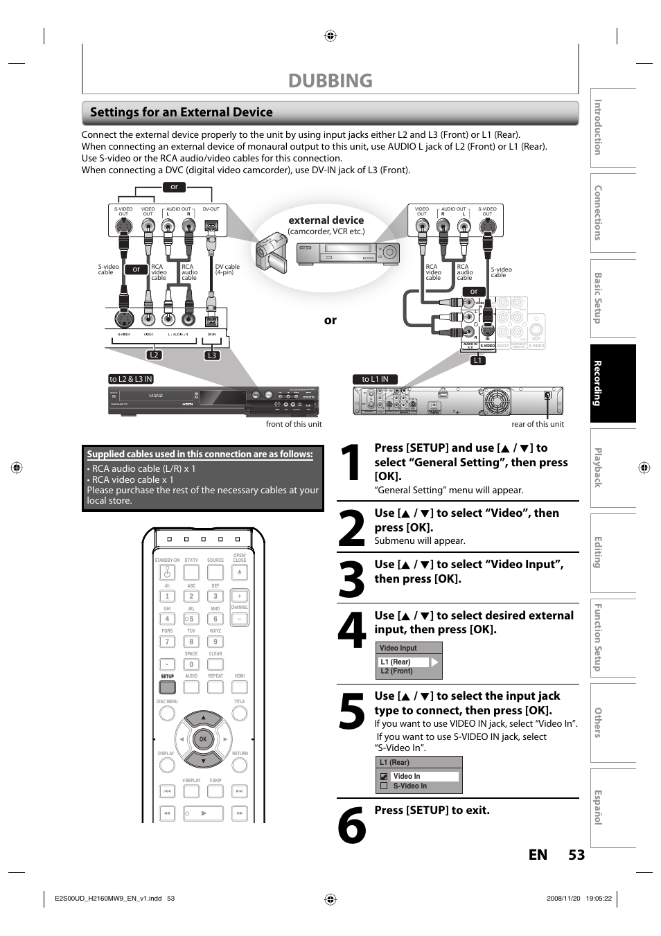 Dubbing, 53 en 53 en, Settings for an external device | Use [ k / l ] to select “video”, then press [ok, Press [setup] to exit, External device | Philips Magnavox H2160MW9 A User Manual | Page 55 / 256