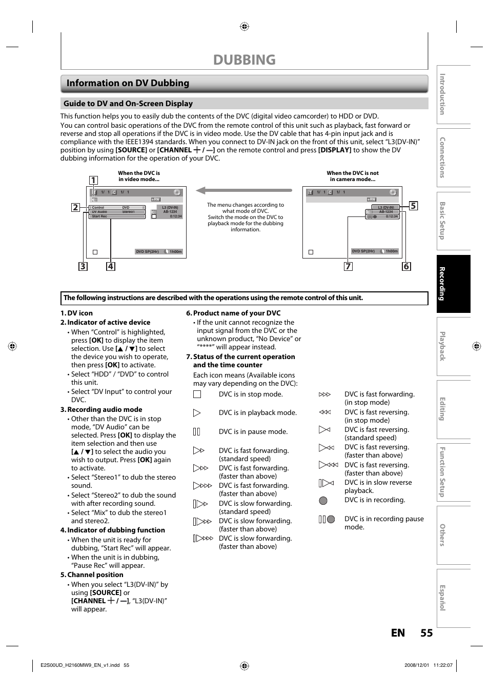 Dubbing, 55 en 55 en, Information on dv dubbing | Philips Magnavox H2160MW9 A User Manual | Page 57 / 256