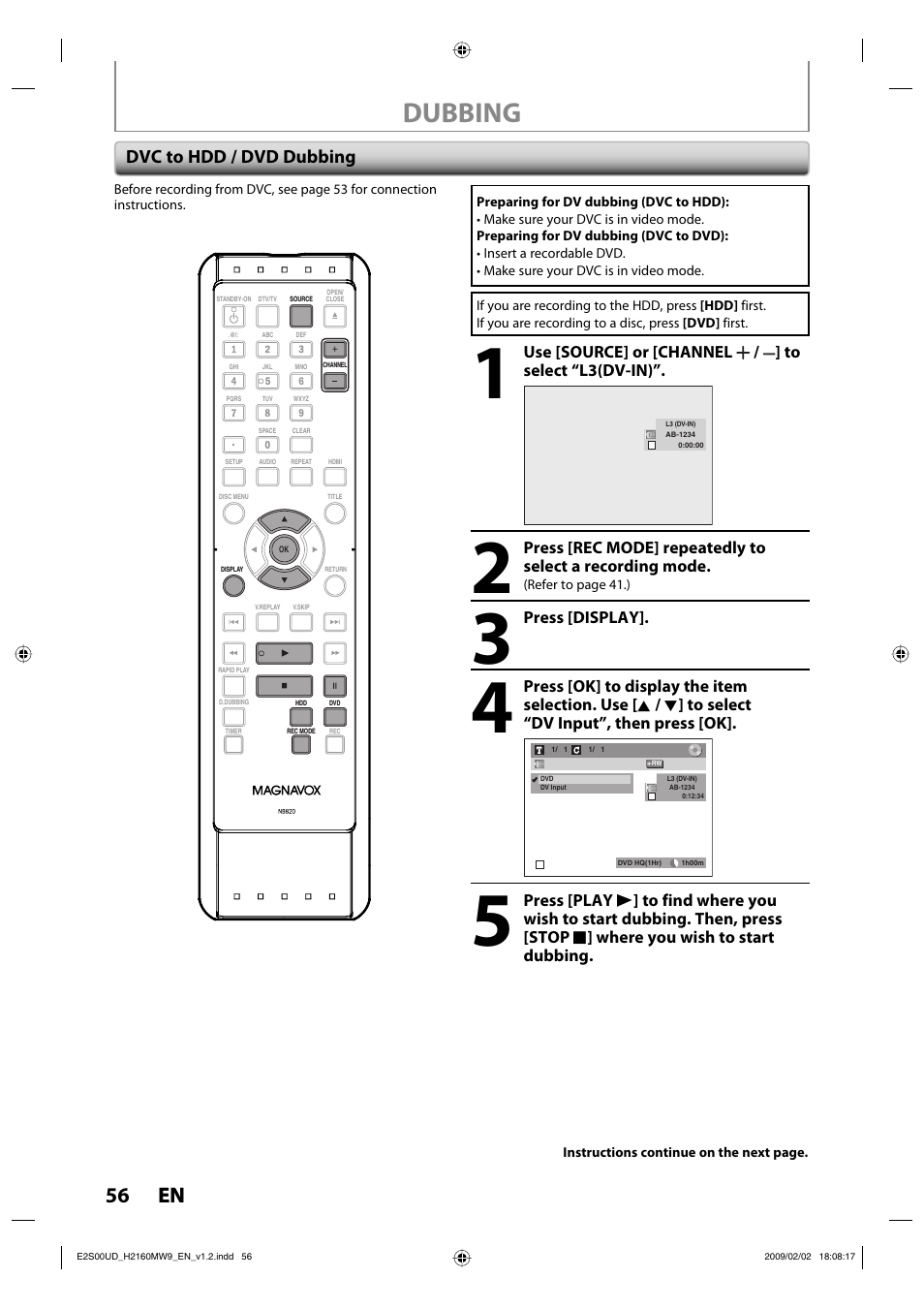 Dubbing, 56 en 56 en, Dvc to hdd / dvd dubbing | Philips Magnavox H2160MW9 A User Manual | Page 58 / 256