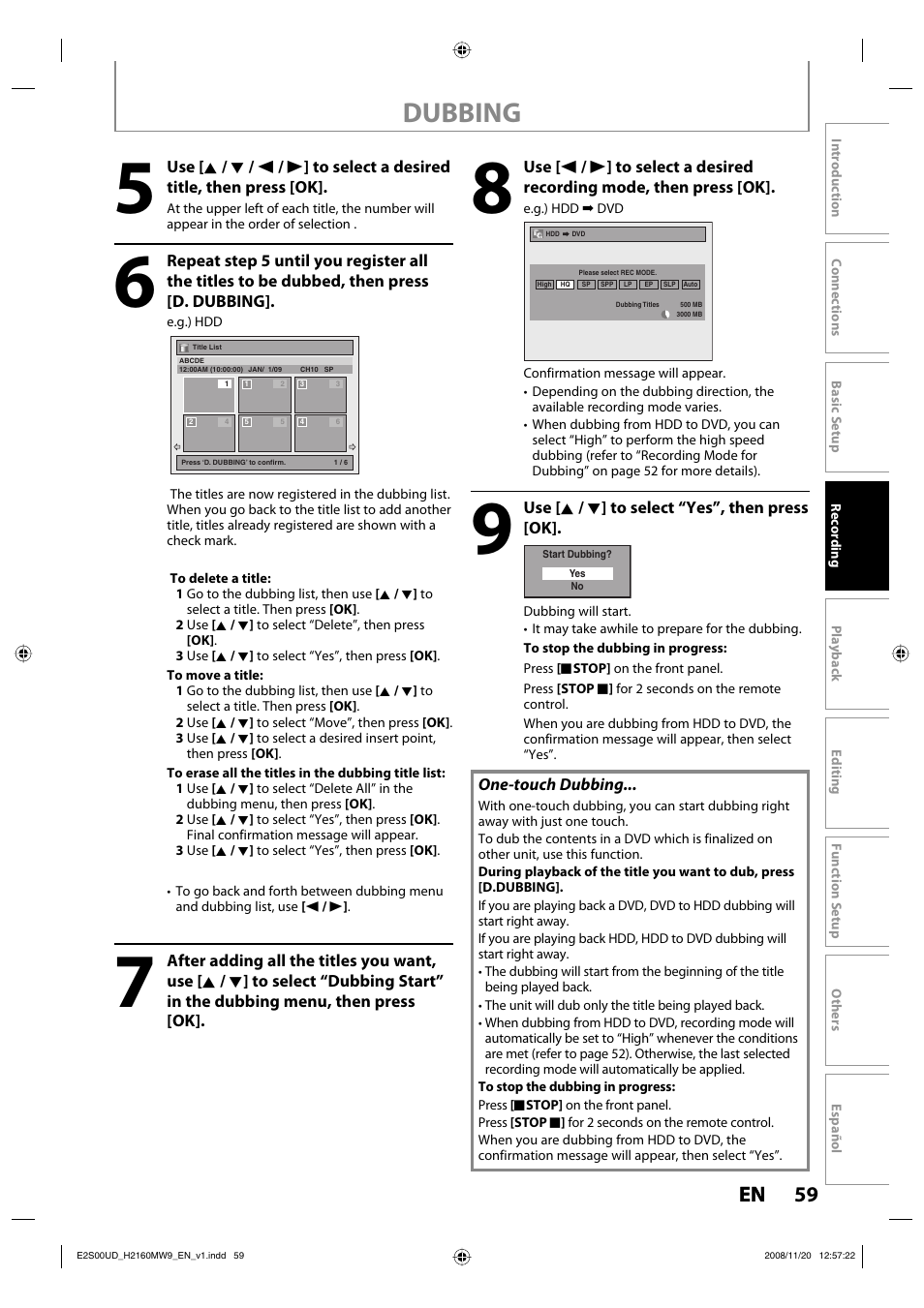 Dubbing, 59 en 59 en | Philips Magnavox H2160MW9 A User Manual | Page 61 / 256