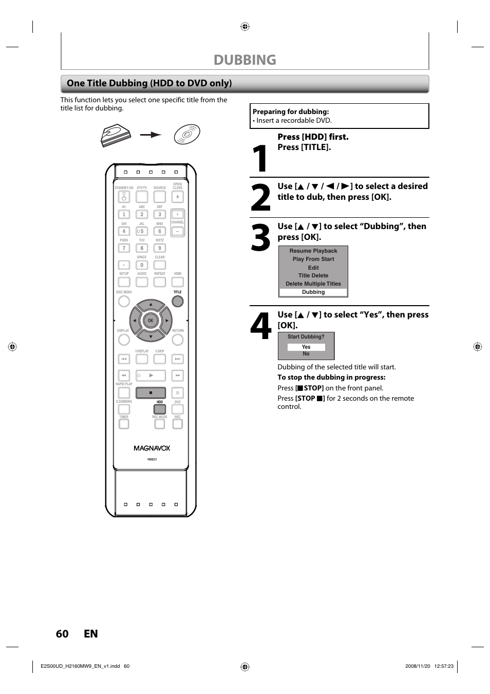 Dubbing, 60 en 60 en, One title dubbing (hdd to dvd only) | Philips Magnavox H2160MW9 A User Manual | Page 62 / 256