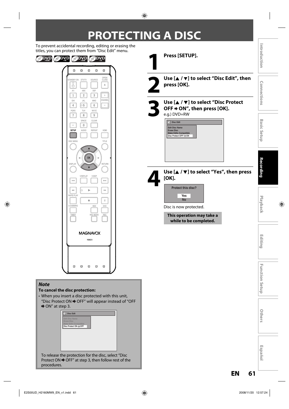 Protecting a disc, 61 en 61 en | Philips Magnavox H2160MW9 A User Manual | Page 63 / 256