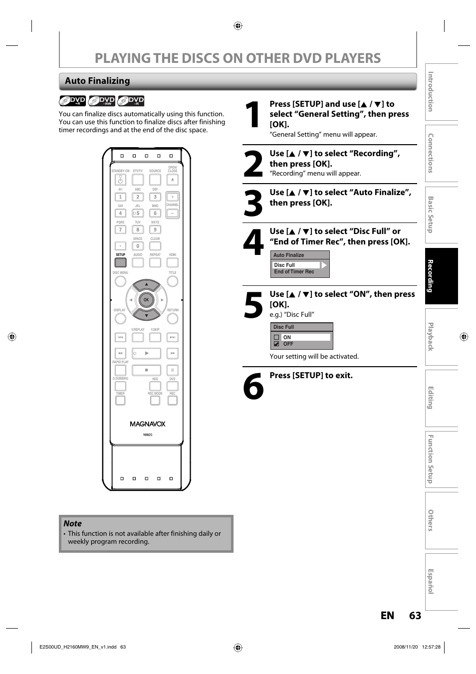 Playing the discs on other dvd players, 63 en 63 en | Philips Magnavox H2160MW9 A User Manual | Page 65 / 256