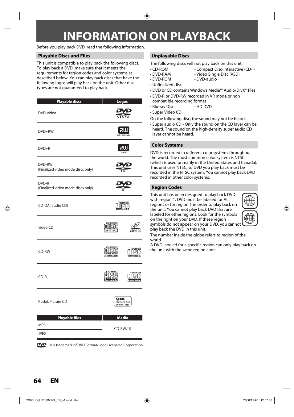 Information on playback, 64 en 64 en | Philips Magnavox H2160MW9 A User Manual | Page 66 / 256