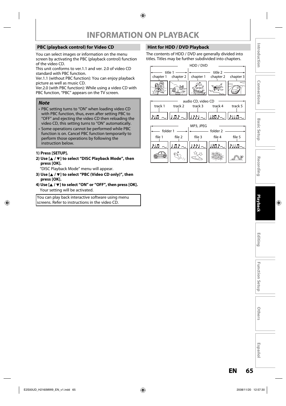 Information on playback, 65 en 65 en | Philips Magnavox H2160MW9 A User Manual | Page 67 / 256