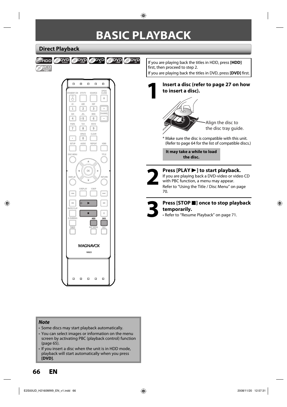 Basic playback, 66 en 66 en, Direct playback | Philips Magnavox H2160MW9 A User Manual | Page 68 / 256