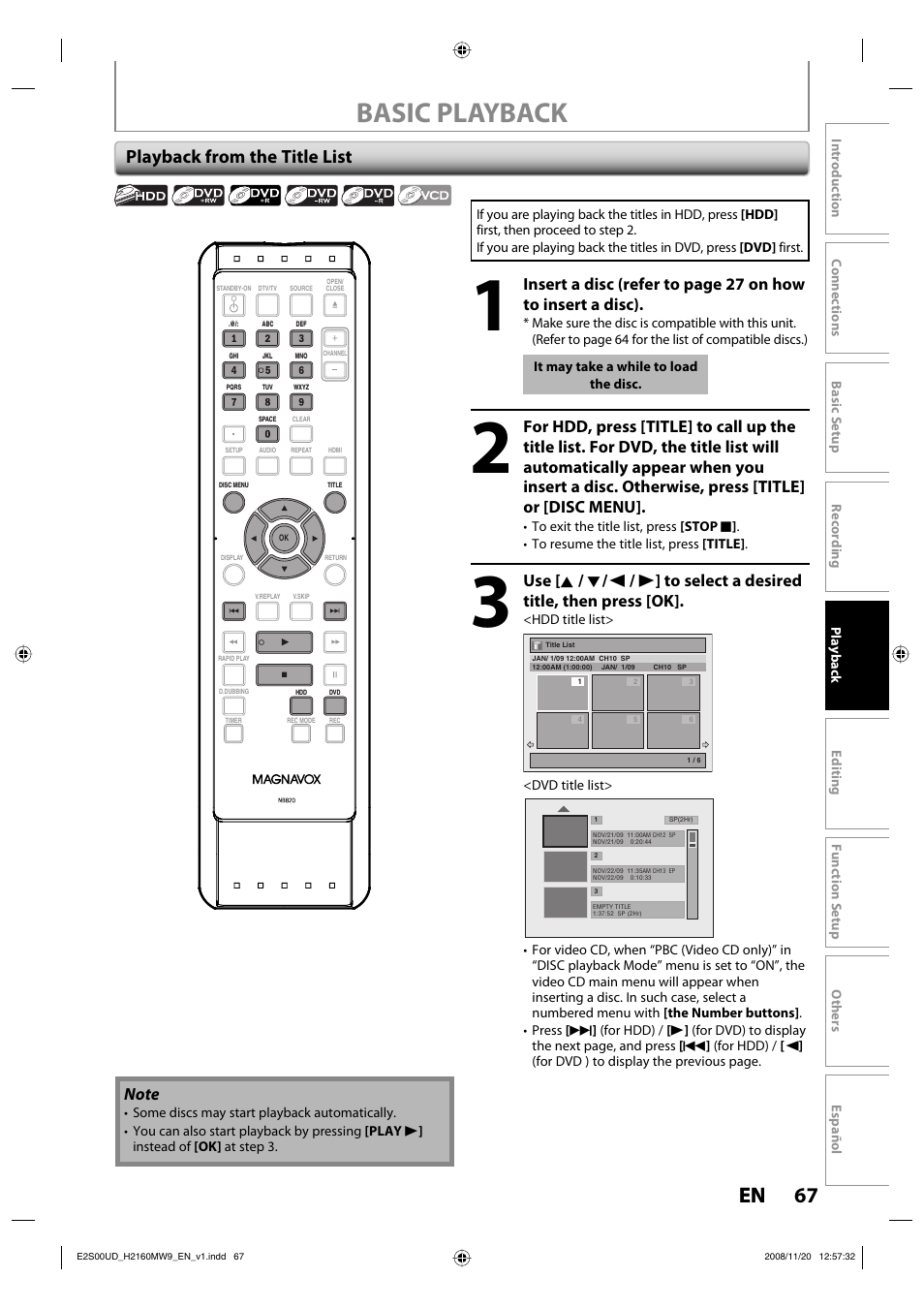 Basic playback, 67 en 67 en, Playback from the title list | Philips Magnavox H2160MW9 A User Manual | Page 69 / 256