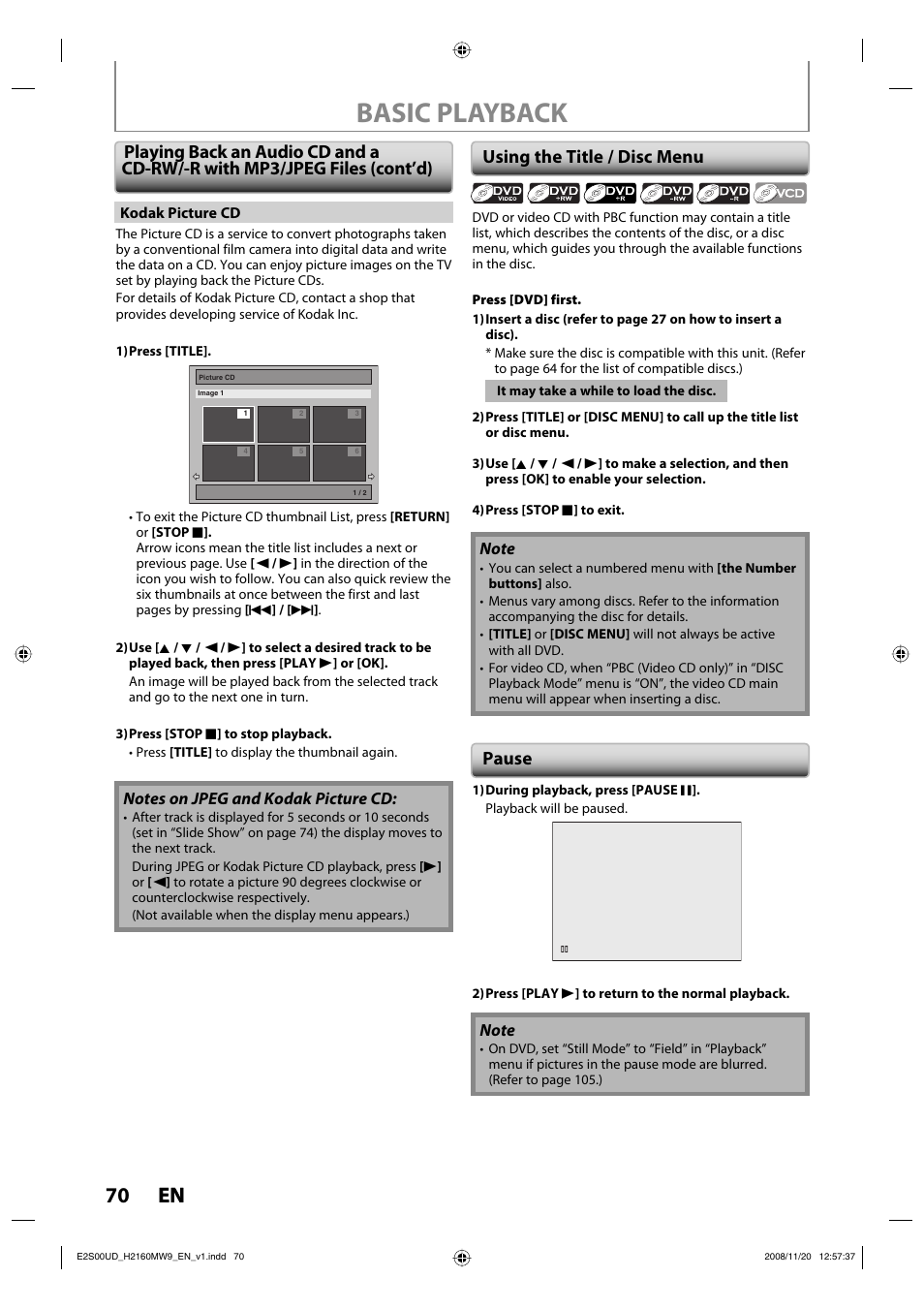 Basic playback, 70 en 70 en, Using the title / disc menu | Pause | Philips Magnavox H2160MW9 A User Manual | Page 72 / 256