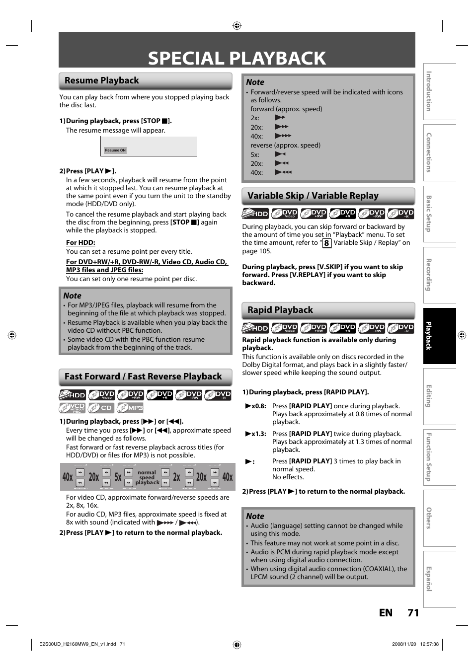 Special playback, 71 en 71 en | Philips Magnavox H2160MW9 A User Manual | Page 73 / 256