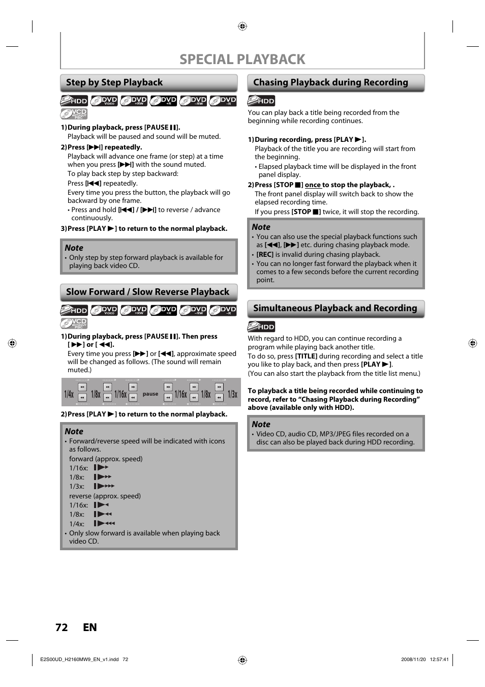 Special playback, 72 en 72 en, 1/8x | Philips Magnavox H2160MW9 A User Manual | Page 74 / 256