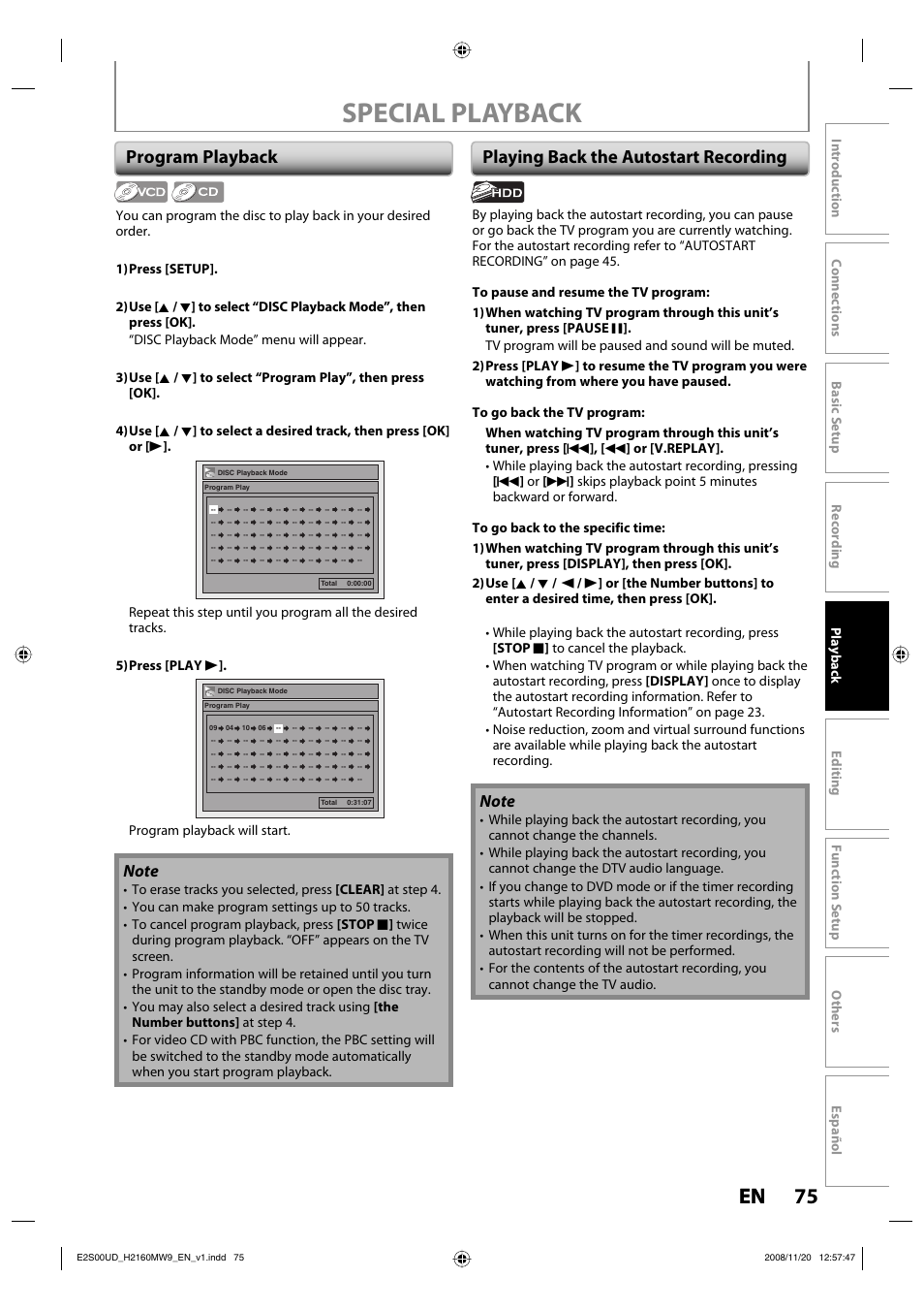 Special playback, 75 en 75 en, Program playback | Playing back the autostart recording, Program playback will start | Philips Magnavox H2160MW9 A User Manual | Page 77 / 256