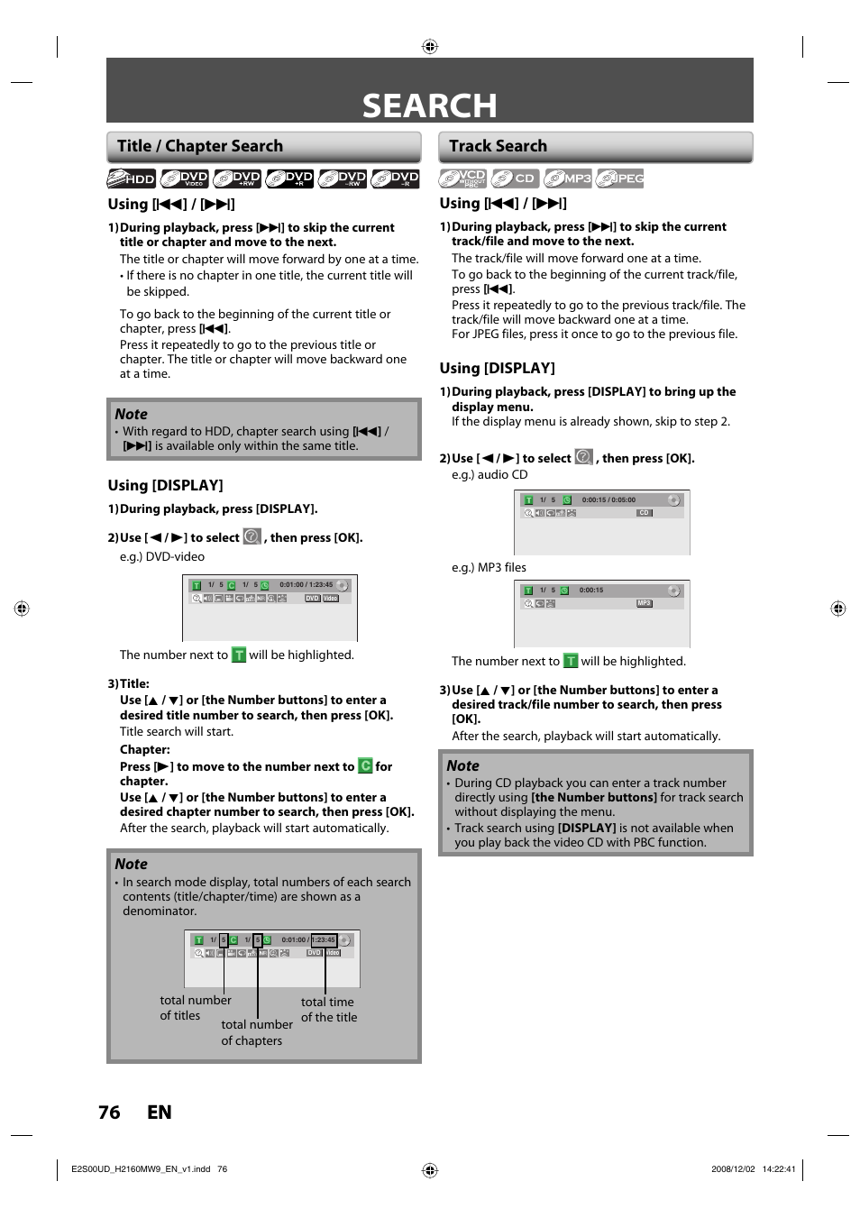 Search, 76 en 76 en, Title / chapter search | Track search | Philips Magnavox H2160MW9 A User Manual | Page 78 / 256