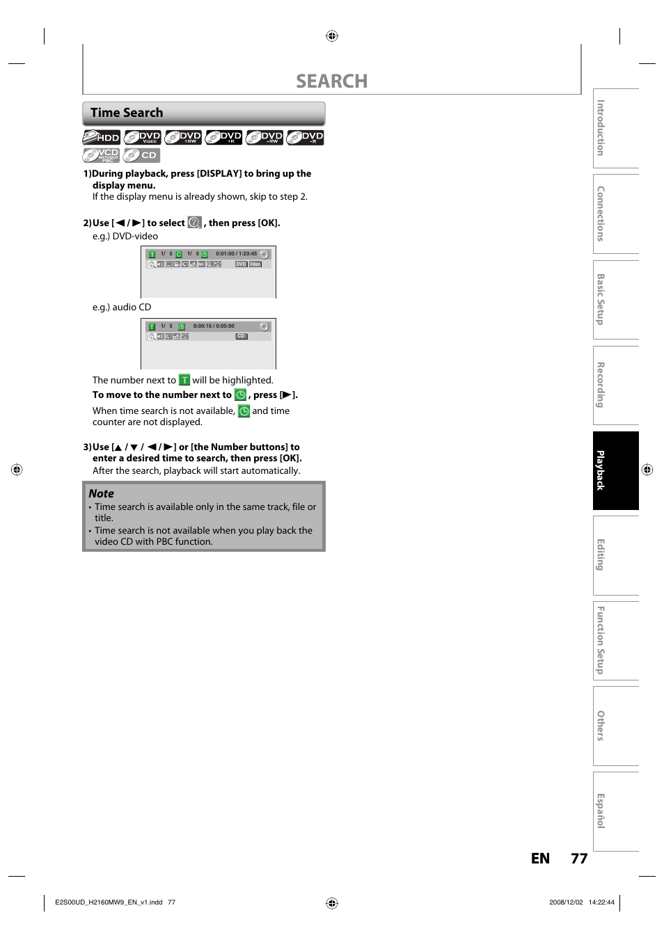 Search, 77 en 77 en, Time search | Philips Magnavox H2160MW9 A User Manual | Page 79 / 256