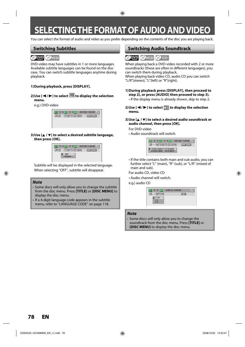 Selecting the format of audio and video, 78 en 78 en, Switching subtitles | Switching audio soundtrack | Philips Magnavox H2160MW9 A User Manual | Page 80 / 256