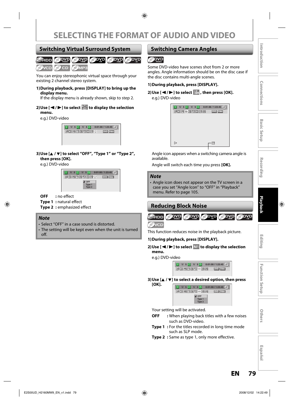 Selecting the format of audio and video, 79 en 79 en, Switching virtual surround system | Switching camera angles reducing block noise | Philips Magnavox H2160MW9 A User Manual | Page 81 / 256