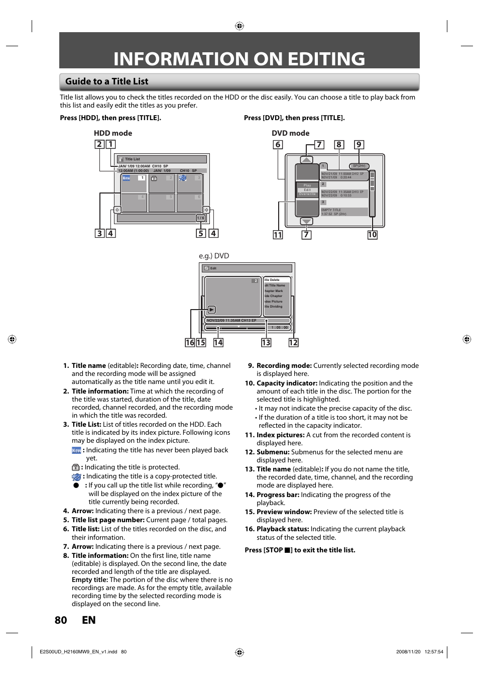 Information on editing, 80 en 80 en, Guide to a title list | Philips Magnavox H2160MW9 A User Manual | Page 82 / 256