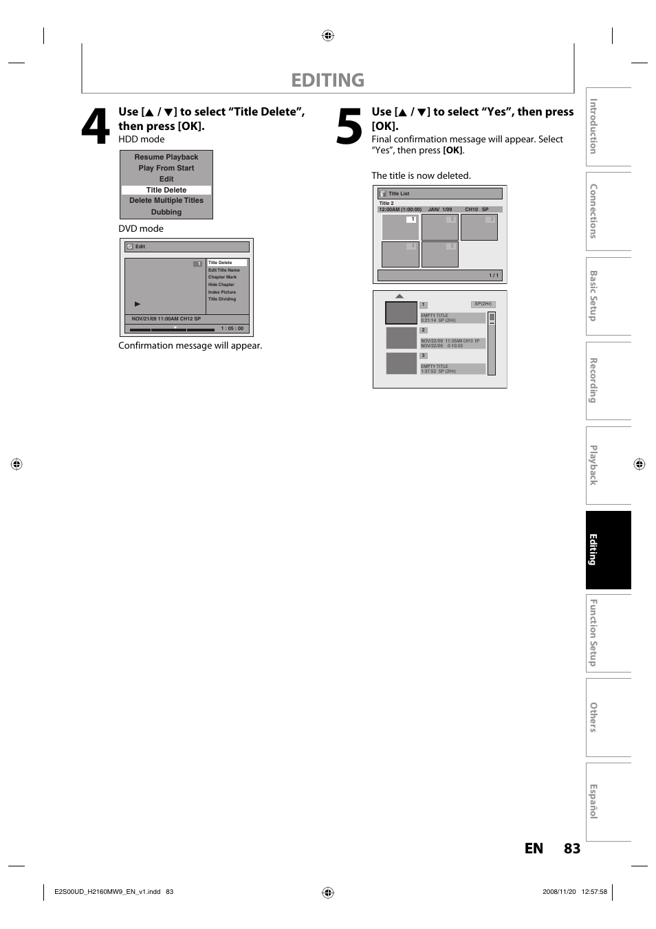 Editing, 83 en 83 en, Use [ k / l ] to select “yes”, then press [ok | Philips Magnavox H2160MW9 A User Manual | Page 85 / 256