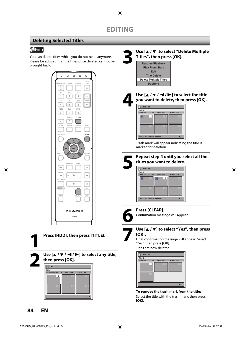 Editing, 84 en 84 en, Deleting selected titles | Press [clear, Use [ k / l ] to select “yes”, then press [ok, Press [hdd], then press [title | Philips Magnavox H2160MW9 A User Manual | Page 86 / 256