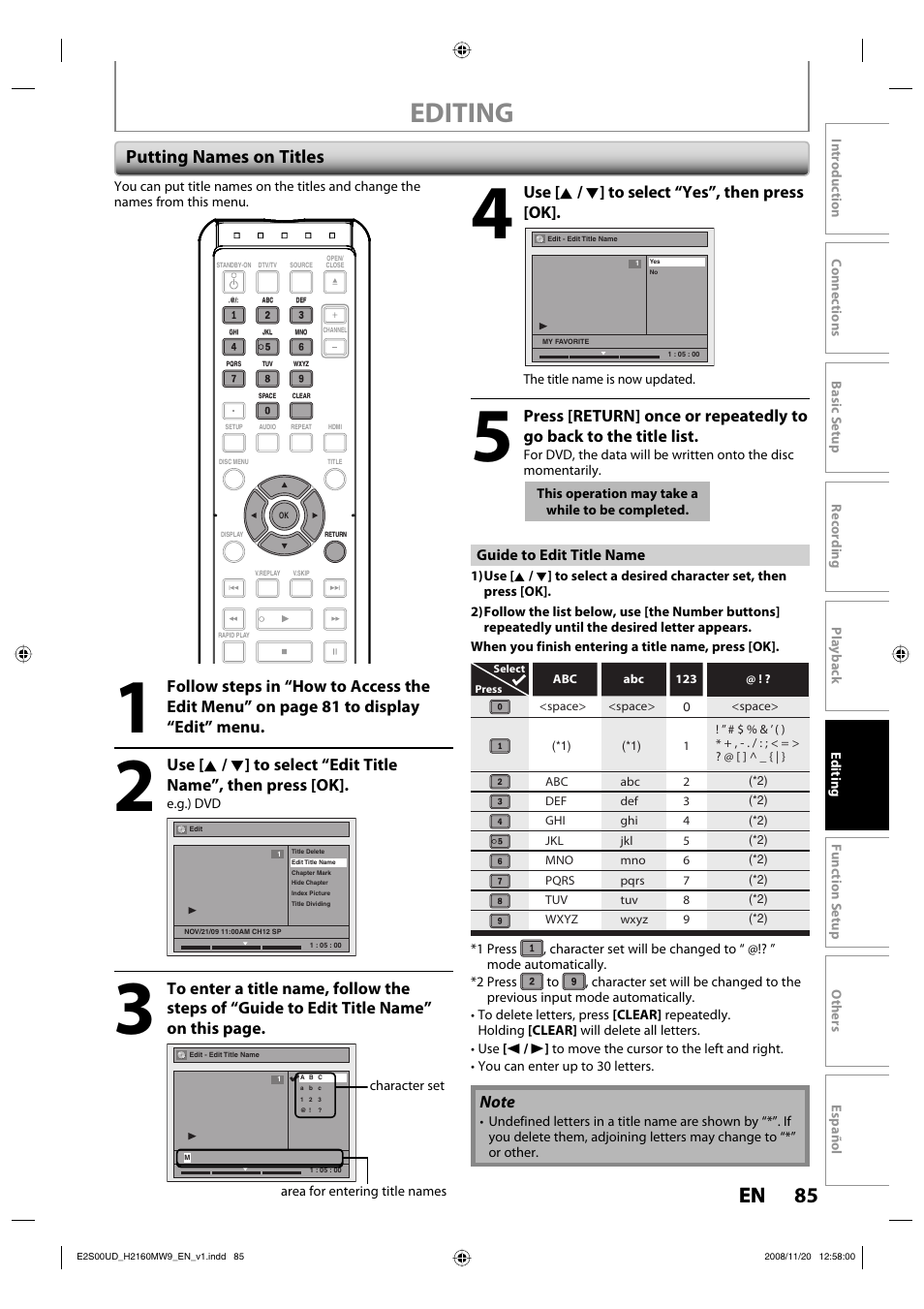 Editing, 85 en 85 en, Putting names on titles | Use [ k / l ] to select “yes”, then press [ok | Philips Magnavox H2160MW9 A User Manual | Page 87 / 256