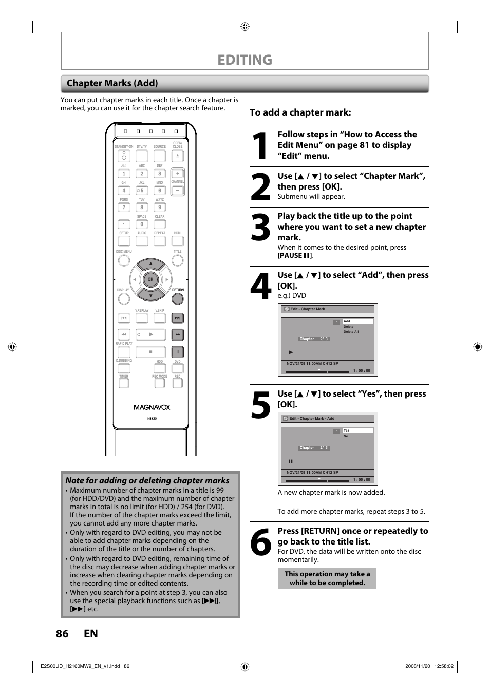 Editing, 86 en 86 en, Chapter marks (add) to add a chapter mark | Philips Magnavox H2160MW9 A User Manual | Page 88 / 256