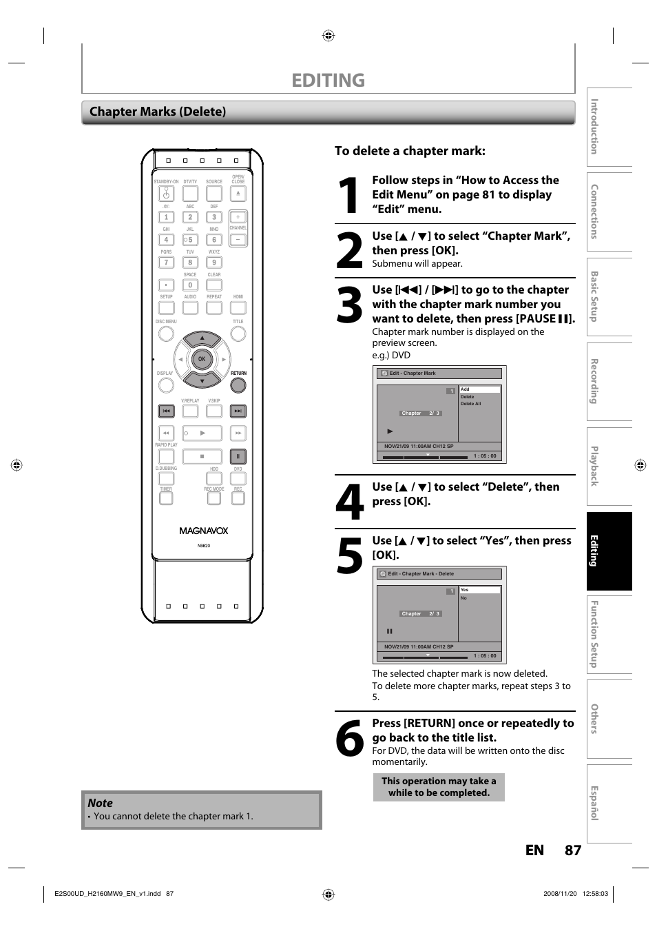 Editing, 87 en 87 en, Chapter marks (delete) to delete a chapter mark | Philips Magnavox H2160MW9 A User Manual | Page 89 / 256