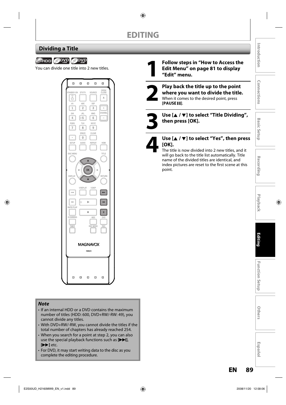 Editing, 89 en 89 en, Dividing a title | Philips Magnavox H2160MW9 A User Manual | Page 91 / 256