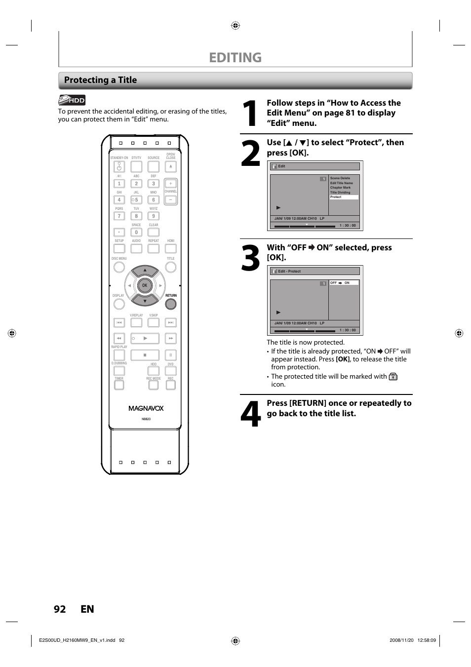 Editing, 92 en 92 en, Protecting a title | Use [ k / l ] to select “protect”, then press [ok, With “off on” selected, press [ok | Philips Magnavox H2160MW9 A User Manual | Page 94 / 256