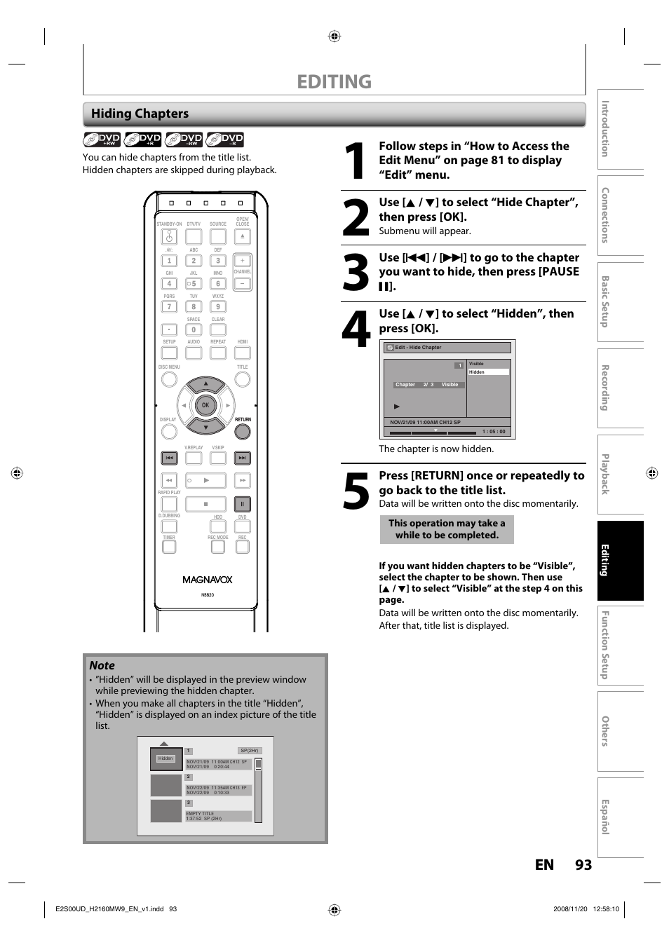 Editing, 93 en 93 en, Hiding chapters | Philips Magnavox H2160MW9 A User Manual | Page 95 / 256