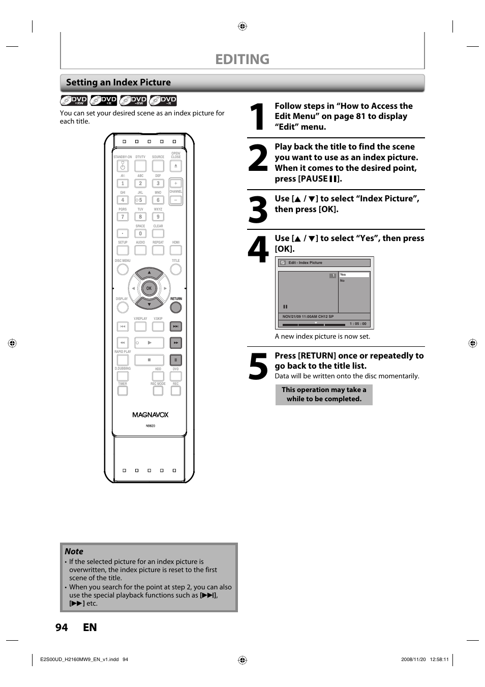 Editing, 94 en 94 en, Setting an index picture | Philips Magnavox H2160MW9 A User Manual | Page 96 / 256