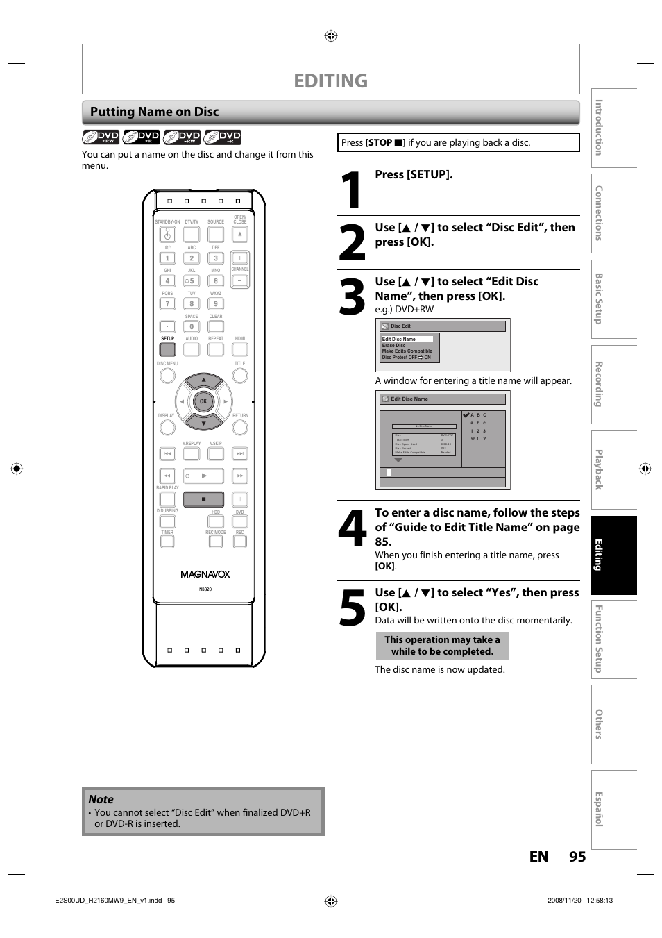 Editing, 95 en 95 en, Putting name on disc | Philips Magnavox H2160MW9 A User Manual | Page 97 / 256