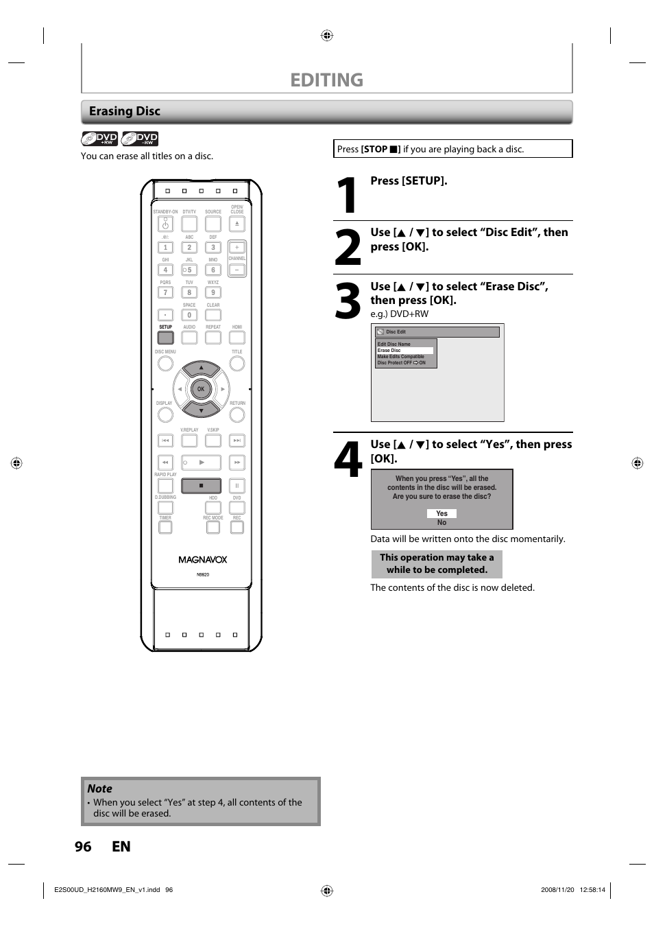 Editing, 96 en 96 en, Erasing disc | Philips Magnavox H2160MW9 A User Manual | Page 98 / 256